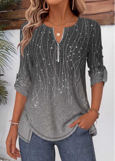women clothes image of Grey Ditsy Floral Print Patchwork 3/4 Sleeve T Shirt