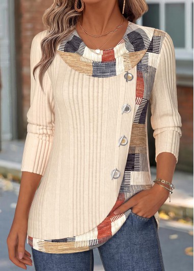 women clothes image of Beige Geometric Print Patchwork Long Sleeve T Shirt