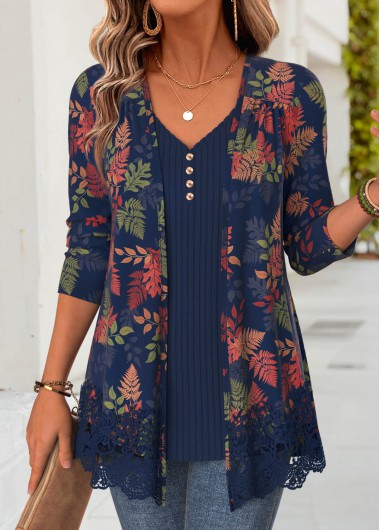 women clothes image of Navy Leaf Print Long Sleeve Fake Two Piece Twinset