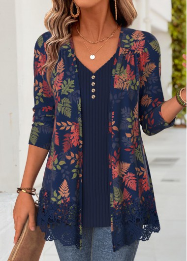 women clothes image of Navy Leaf Print Long Sleeve Fake Two Piece Twinset