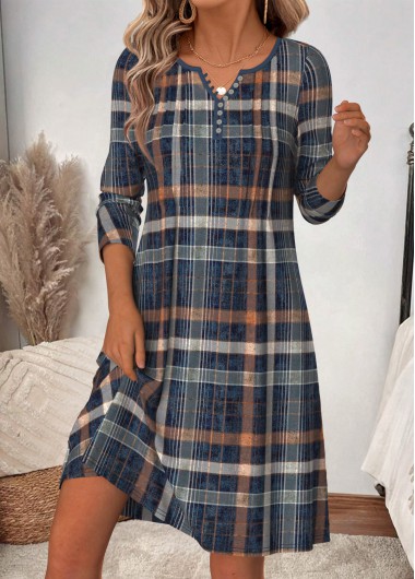 women clothes image of Dusty Blue Plaid Short Tuck Stitch Long Sleeve Dress