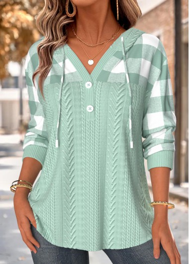 women clothes image of Green Plaid Patchwork Long Sleeve Hoodie