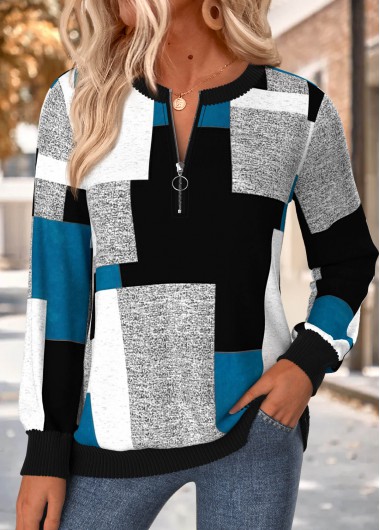 women clothes image of Multi Color Geometric Print Zipper Long Sleeve Sweatshirt
