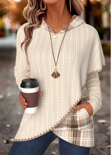women clothes image of Beige Plaid Fake 2in1 Long Sleeve Hoodie