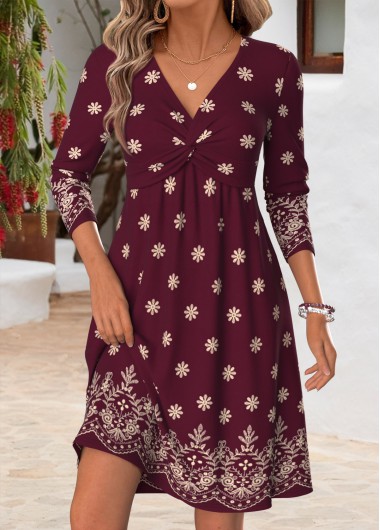 women clothes image of Wine Red Tribal Print Short Tummy Control Dress