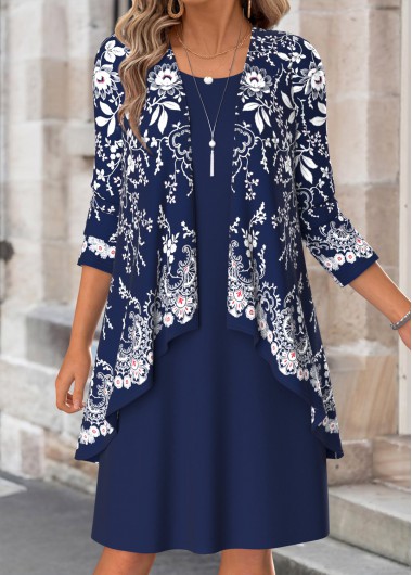 women clothes image of Dark Blue Tribal Print Tummy Coverage Long Sleeve Dress