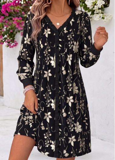 women clothes image of Black Leaf Print Short Tummy Coverage Long Sleeve Dress