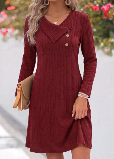 women clothes image of Wine Red Short Seamless Long Sleeve Asymmetrical Neck Dress