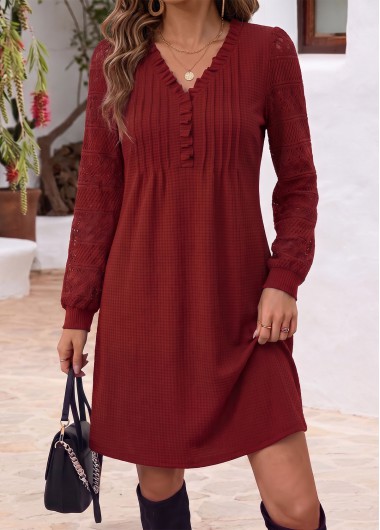 women clothes image of Red Short Patchwork Long Sleeve V Neck Dress