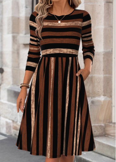 women clothes image of Multi Color Striped Double Side Pockets Short Sleeve Dress