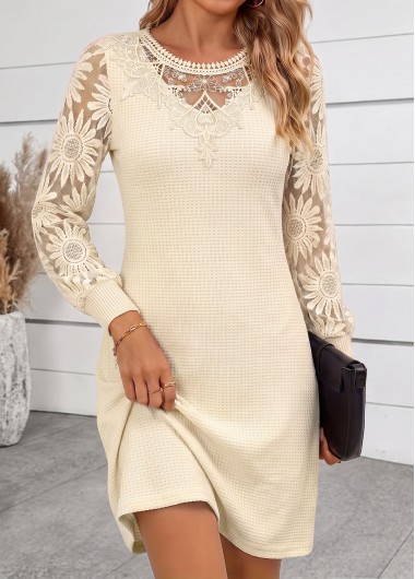 women clothes image of Beige Short Patchwork Long Sleeve Round Neck Dress