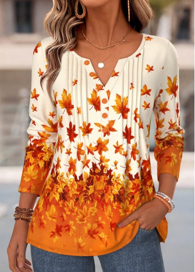 women clothes image of Orange Leaf Print Tuck Stitch Long Sleeve T Shirt