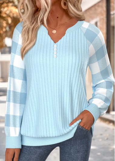 women clothes image of Light Blue Plaid Button Long Sleeve Split Neck Sweatshirt