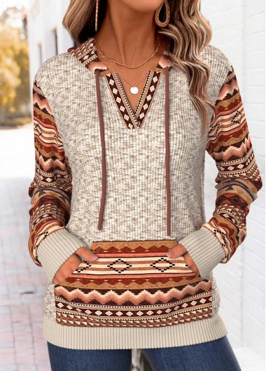 women clothes image of Multi Color Tribal Print Kangaroo Pocket Long Sleeve Hoodie
