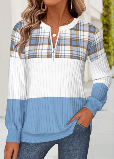 women clothes image of Blue Plaid Patchwork Long Sleeve Round Neck Sweatshirt