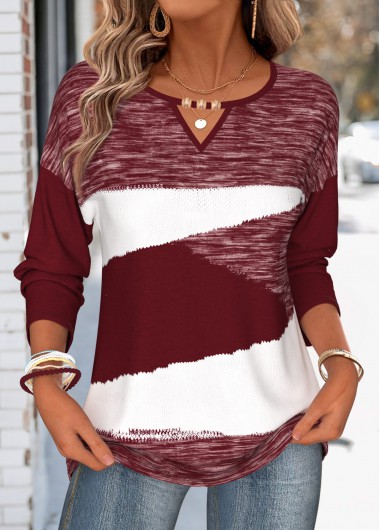 women clothes image of Wine Red Geometric Print Beaded Long Sleeve T Shirt