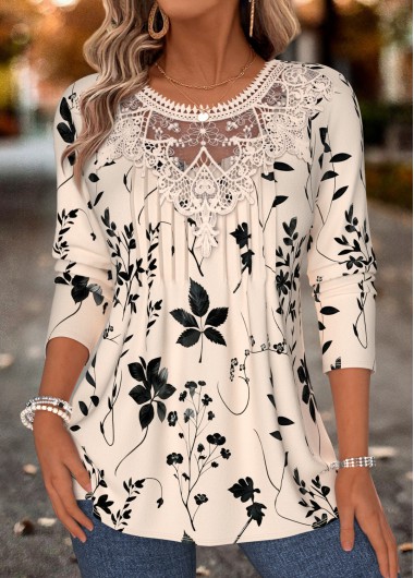 women clothes image of Light Camel Floral Print Patchwork Long Sleeve T Shirt
