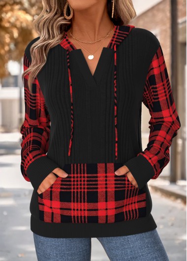 women clothes image of Black Plaid Patchwork Long Sleeve Split Neck Hoodie