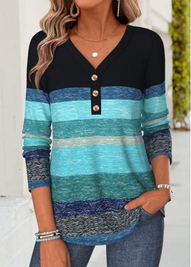 women clothes image of Blue Striped Patchwork Long Sleeve V Neck T Shirt