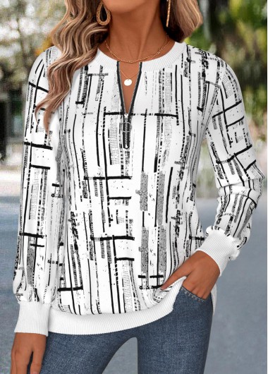 women clothes image of White Geometric Print Zipper Long Sleeve Round Neck Sweatshirt