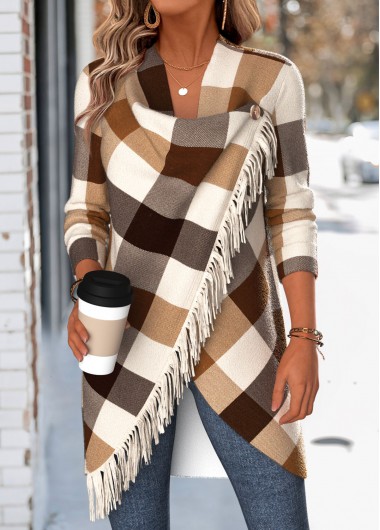 women clothes image of Dark Coffee Tassel Plaid Coat and Camisole Top
