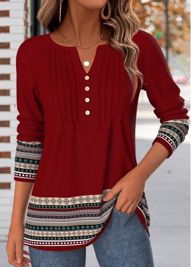 women clothes image of Deep Red Tribal Print Tuck Stitch T Shirt