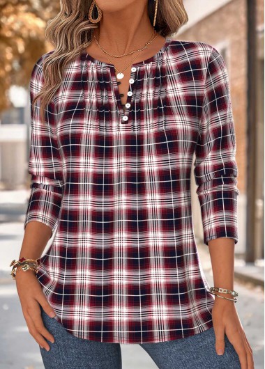 women clothes image of Multi Color Plaid Tuck Stitch Long Sleeve T Shirt