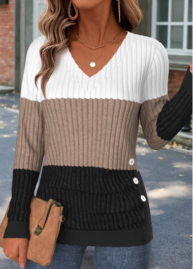 women clothes image of Multi Color Tummy Coverage Long Sleeve V Neck Sweatshirt