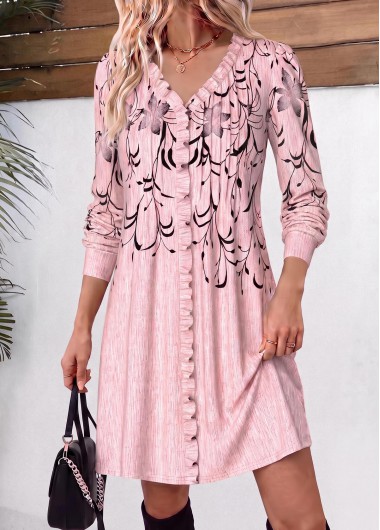 women clothes image of Pink Floral Print Tuck Stitch Long Sleeve Dress