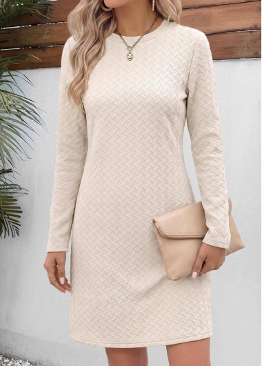 women clothes image of Beige Short Tummy Coverage Long Sleeve Round Neck Dress