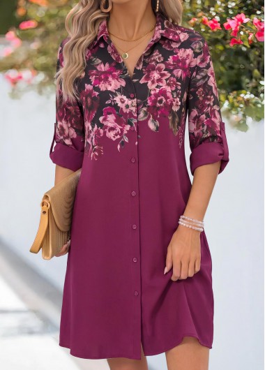 women clothes image of Dark Reddish Purple Floral Print Short Tummy Coverage Dress
