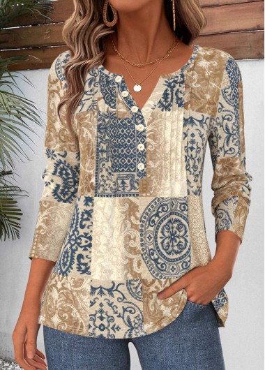 women clothes image of Multi Color Tribal Print Tuck Stitch T Shirt