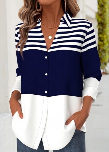 women clothes image of Dark Blue Striped Tummy Coverage Long Sleeve Shirt