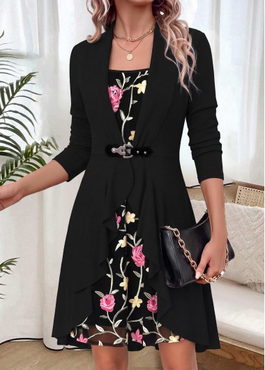 women clothes image of Black Two-piece Long Sleeve Round Neck Dress and Cardigan
