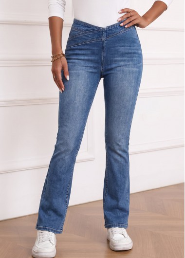 women clothes image of Denim Blue Flare Leg Elastic Waist High Waisted Jeans