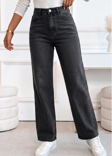 women clothes image of Black Straight Leg Button Fly High Waisted Jeans