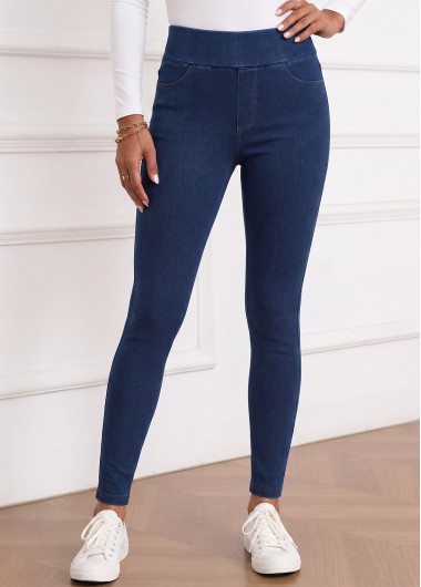 women clothes image of Denim Blue Skinny Elastic Waist High Waisted Jeans