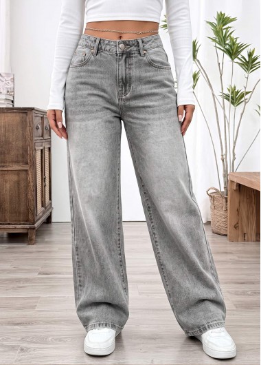 women clothes image of Light Grey Straight Leg Button Fly Mid Waisted Jeans