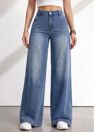 women clothes image of Denim Blue Wide Leg Button Fly High Waisted Jeans