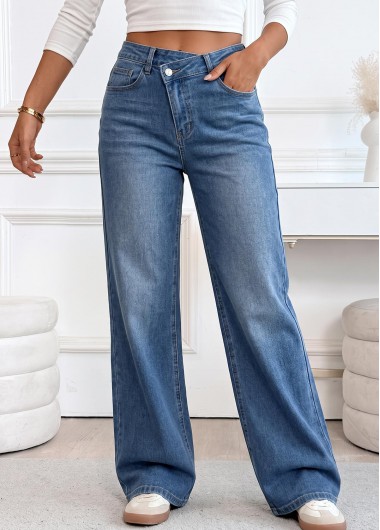 women clothes image of Denim Blue Wide Leg Button Fly Mid Waisted Jeans