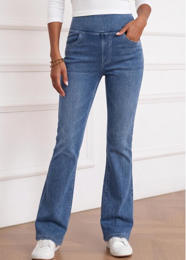 women clothes image of Denim Blue Flare Leg Elastic Waist High Waisted Jeans