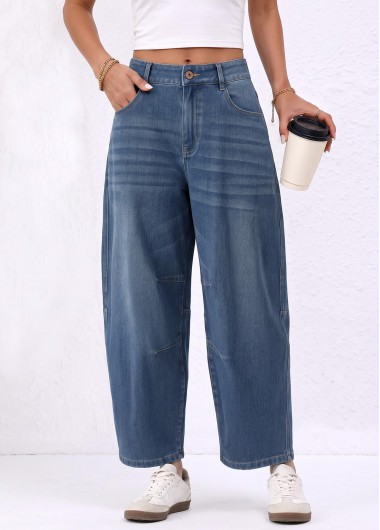 women clothes image of Denim Blue Wide Leg Button Fly Mid Waisted Jeans