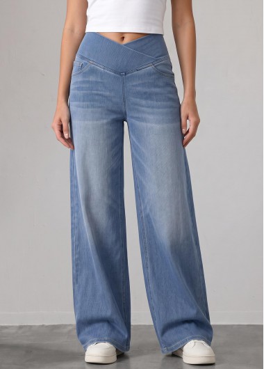 women clothes image of Denim Blue Wide Leg Elastic Waist High Waisted Jeans