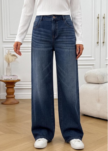 women clothes image of Denim Blue Wide Leg Button Fly High Waisted Jeans