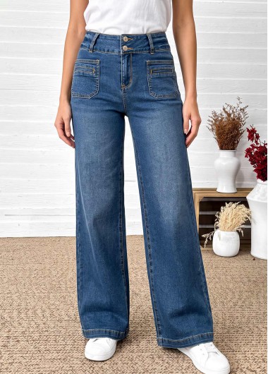 women clothes image of Denim Blue Wide Leg Button Fly High Waisted Jeans