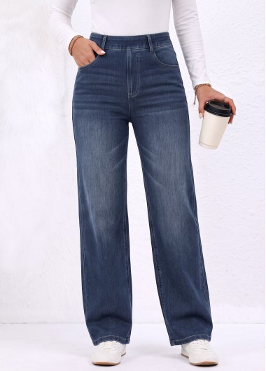 women clothes image of Denim Blue Straight Leg Elastic Waist High Waisted Jeans