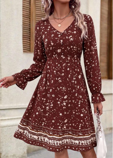 women clothes image of Brick Red Geometric Print Shirred Long Sleeve Dress