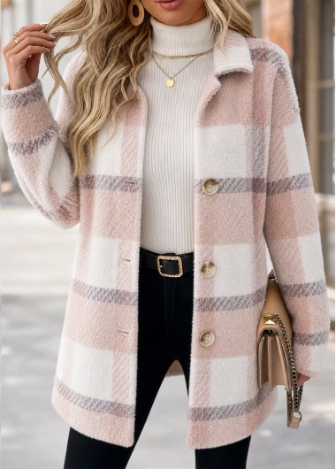 women clothes image of Light Pink Double Side Pockets Plaid Long Sleeve Coat