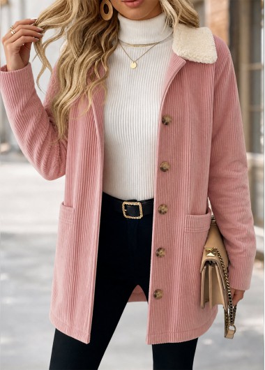 women clothes image of Pink Slit Pocket Long Sleeve Turn Down Collar Coat
