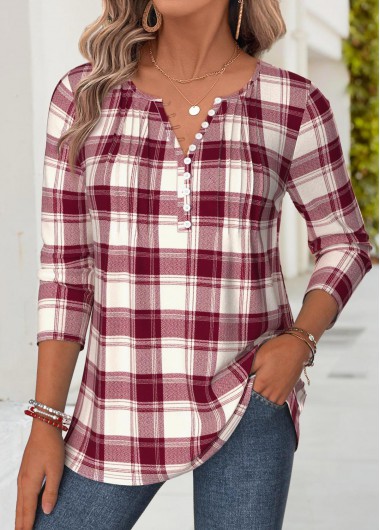 women clothes image of Red Plaid Tuck Stitch Long Sleeve T Shirt